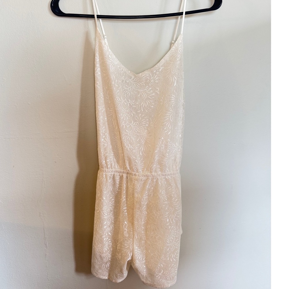 Splendid Ivory Lace Sleeveless Romper V-Neck Cross Back RLD0113 Womens Large